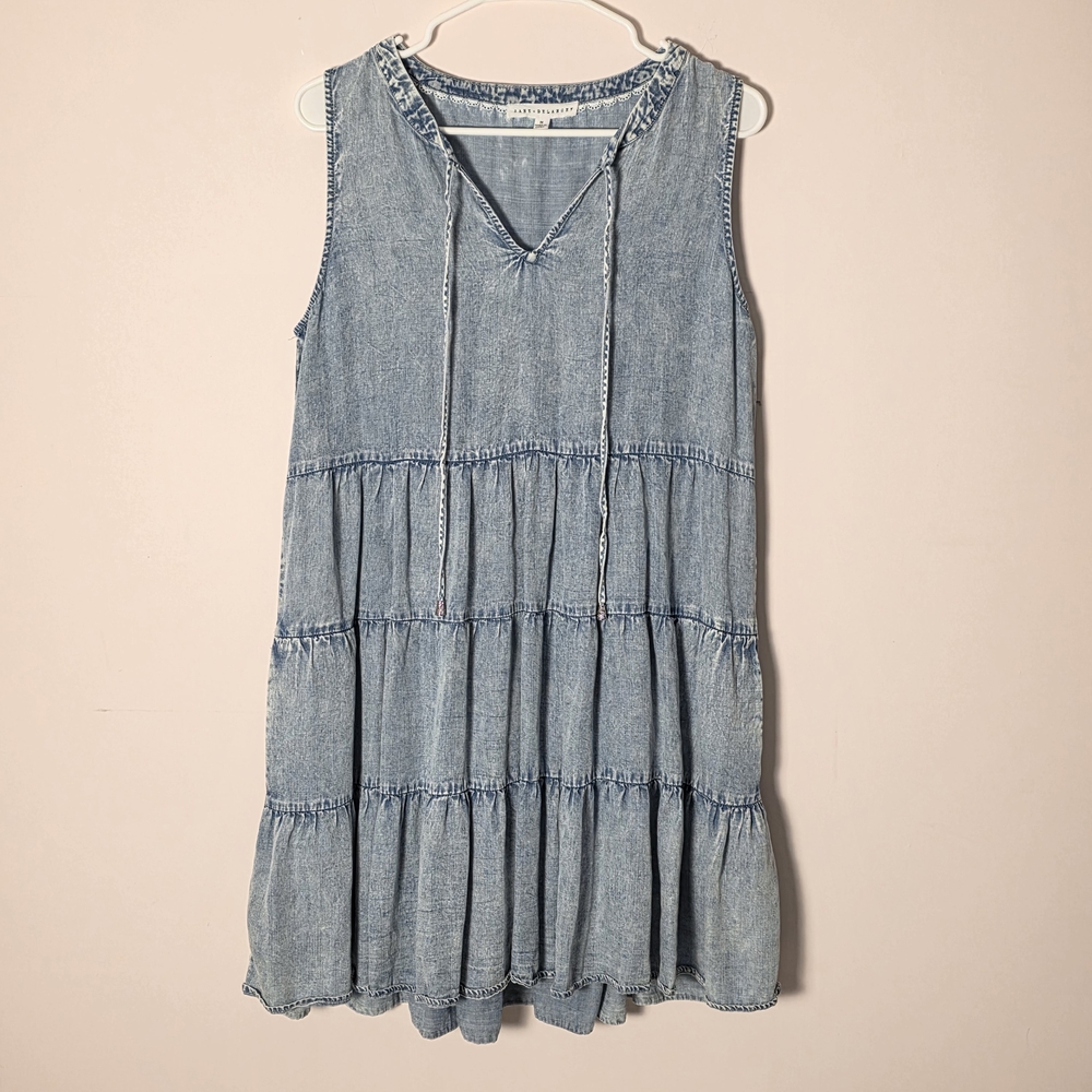 Chambray Tiered Midi Dress Boho Prairie Loose Fit Pockets Blue Size M - Picture 2 of 8